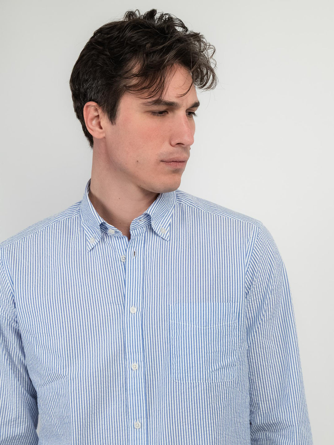CAMICIA  IN COTONE BOTTON DOWN A RIGHE BIANCHE E AZZURRE