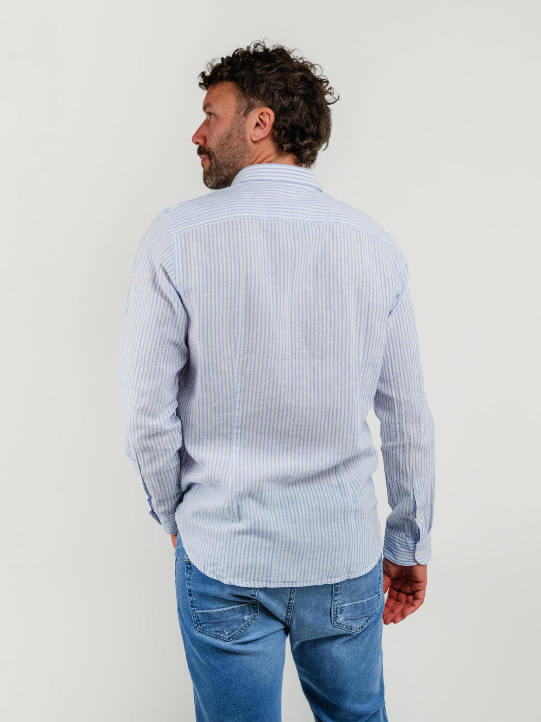 CAMICIA IN LINO E COTONE A RIGHE BIANCHE E AZZURRE