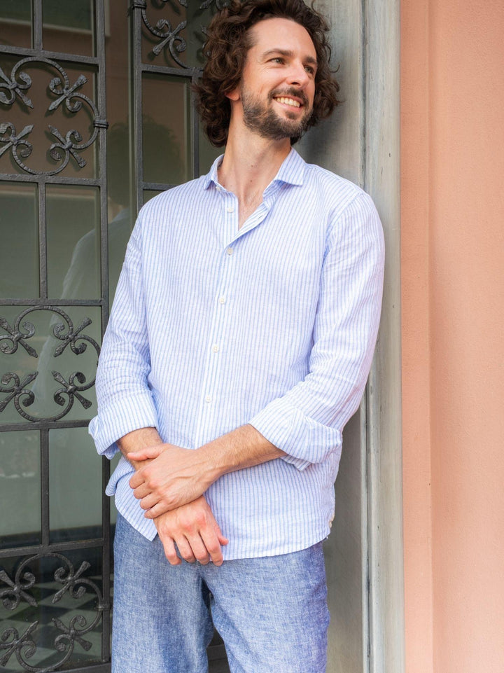 CAMICIA IN LINO E COTONE A RIGHE BIANCHE E AZZURRE