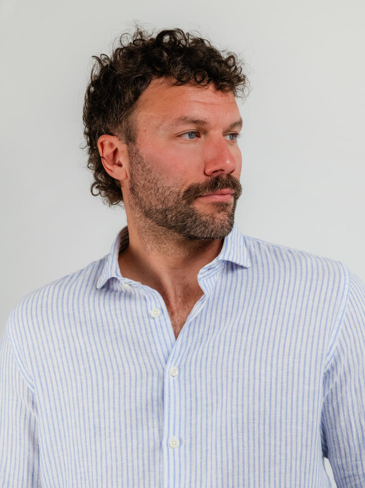CAMICIA IN LINO E COTONE A RIGHE BIANCHE E AZZURRE