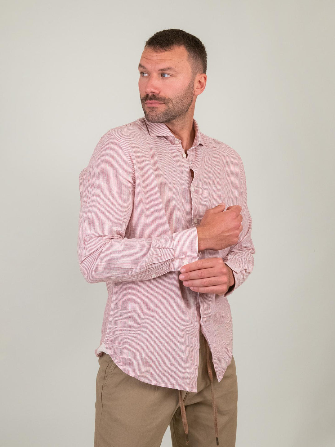 CAMICIA IN LINO E COTONE A RIGHINE BIANCHE E ROSSE