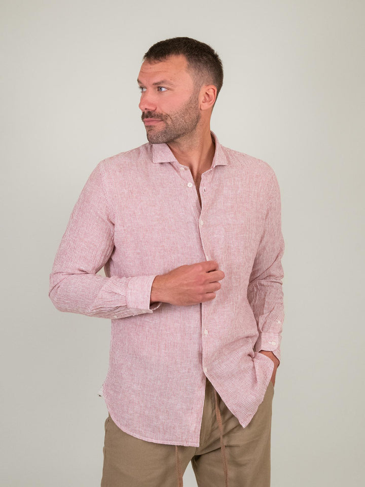 CAMICIA IN LINO E COTONE A RIGHINE BIANCHE E ROSSE