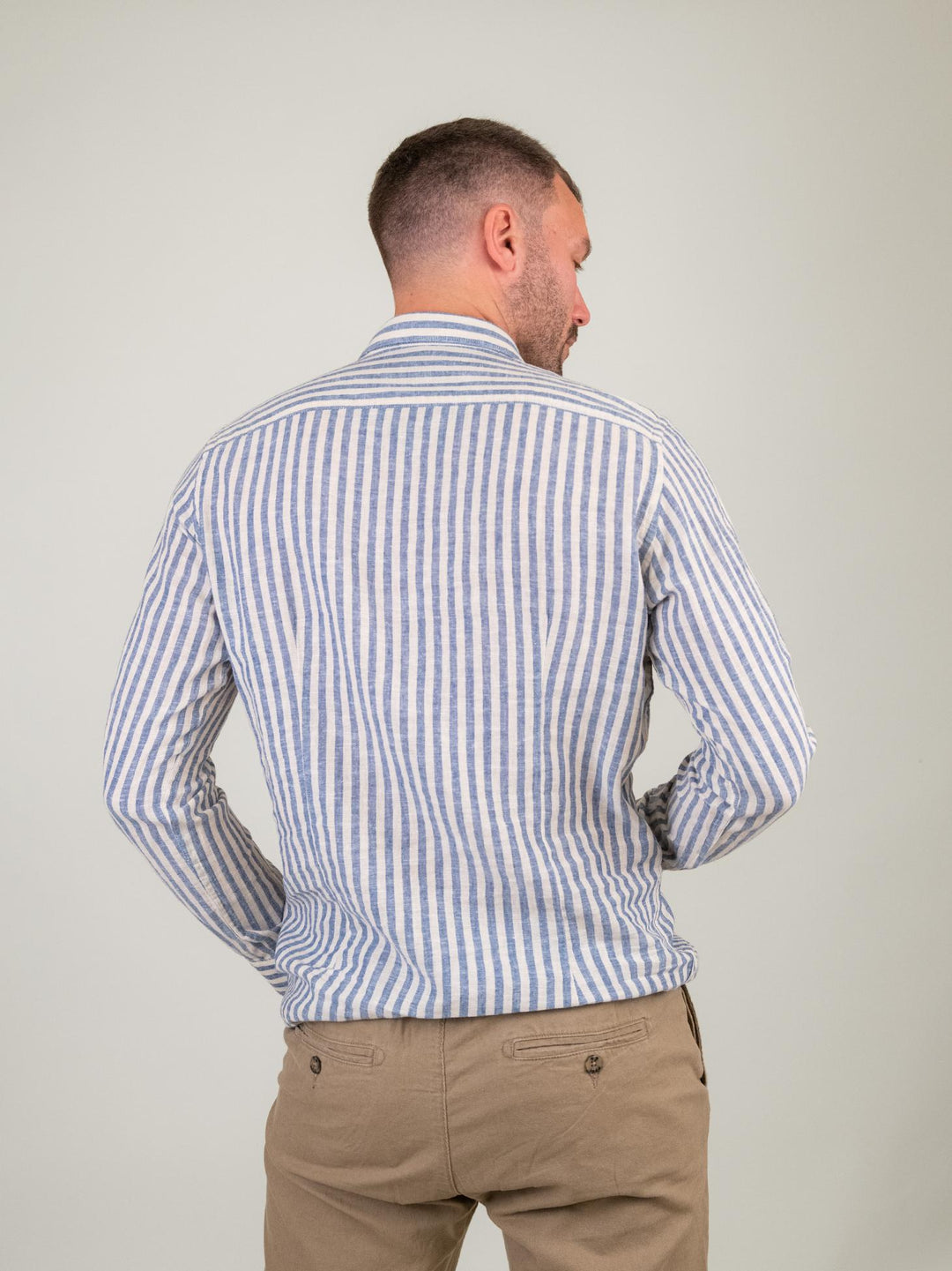 CAMICIA IN LINO E COTONE A RIGONE BIANCO E BLU