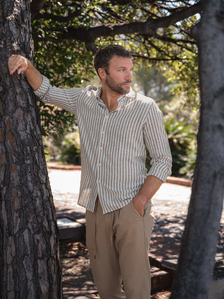 CAMICIA IN LINO E COTONE A RIGONE BIANCO E VERDONE