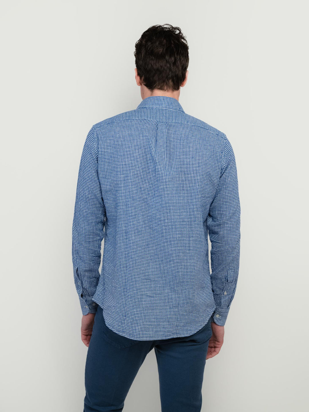 CAMICIA IN MISTO LINO CON FANTASIA MICROQUADRETTO BLU