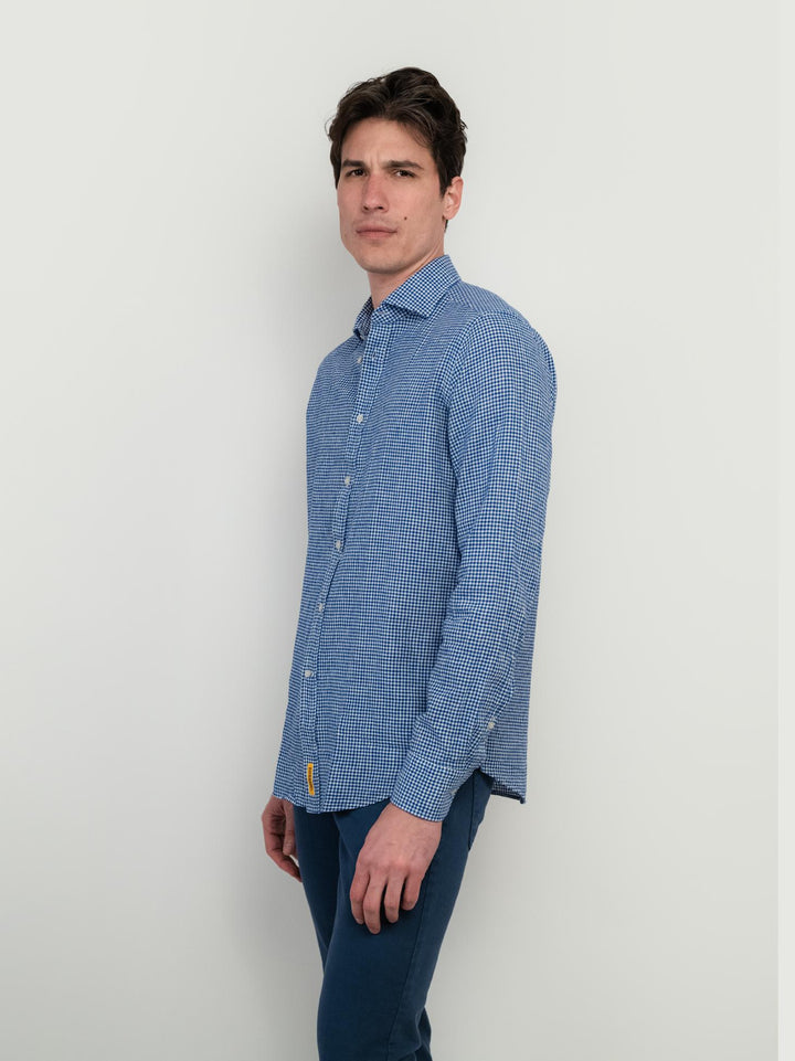 CAMICIA IN MISTO LINO CON FANTASIA MICROQUADRETTO BLU