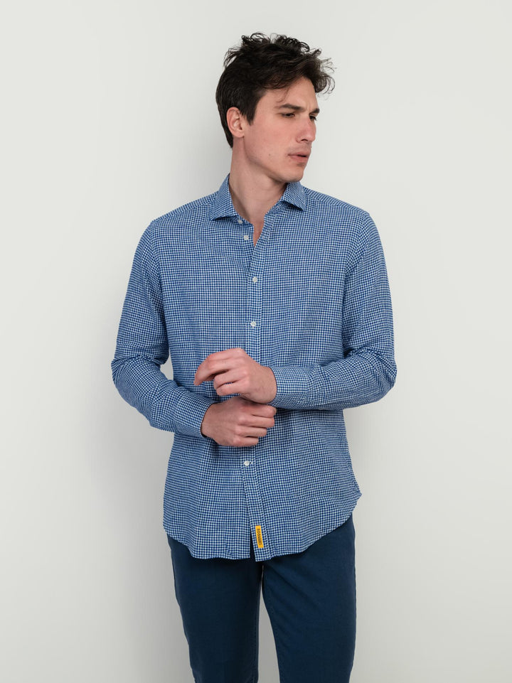 CAMICIA IN MISTO LINO CON FANTASIA MICROQUADRETTO BLU