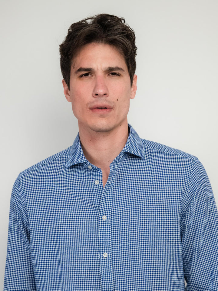 CAMICIA IN MISTO LINO CON FANTASIA MICROQUADRETTO BLU