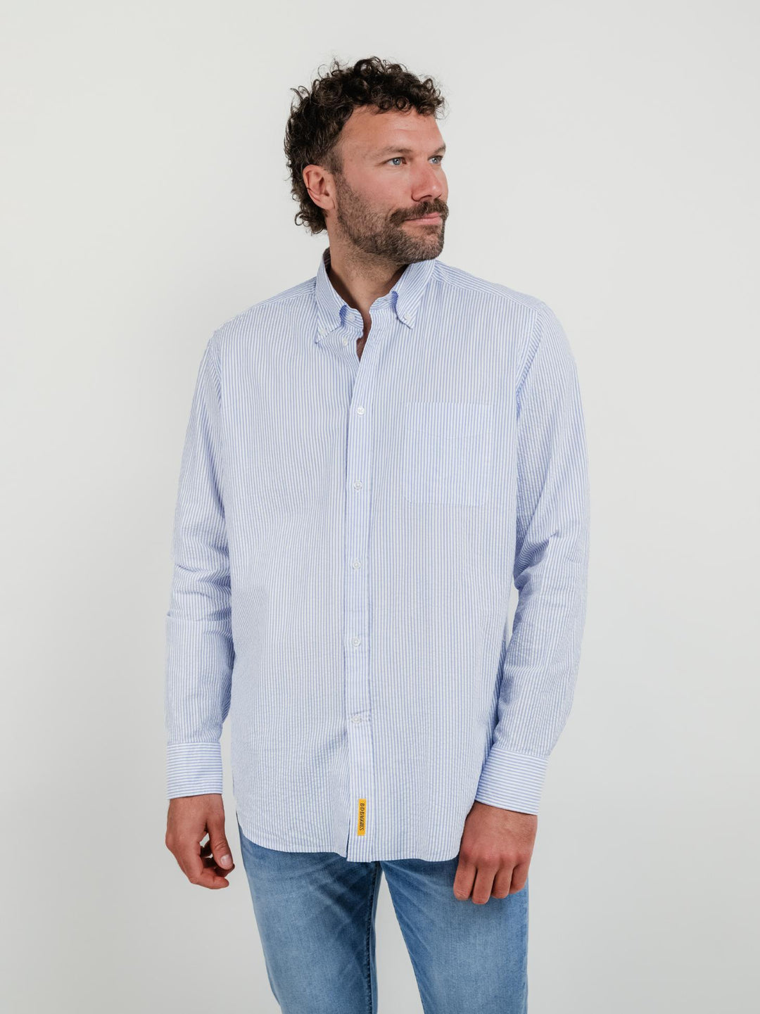 CAMICIA IN SEERKSUCKER A RIGHE BIANCHE E AZZURRE