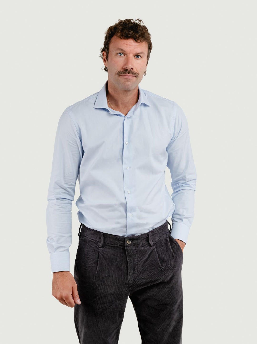 CAMICIA IN TWILL DI COTONE CON FANTASIA MICRORIGA CELESTE