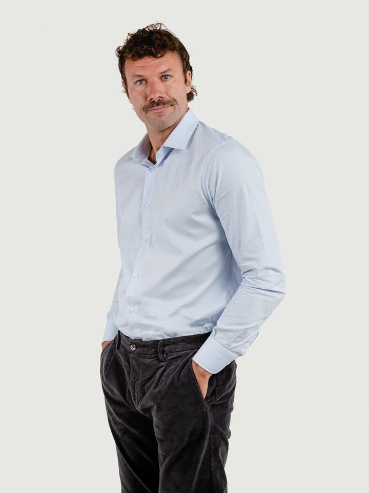 CAMICIA IN TWILL DI COTONE CON FANTASIA MICRORIGA CELESTE