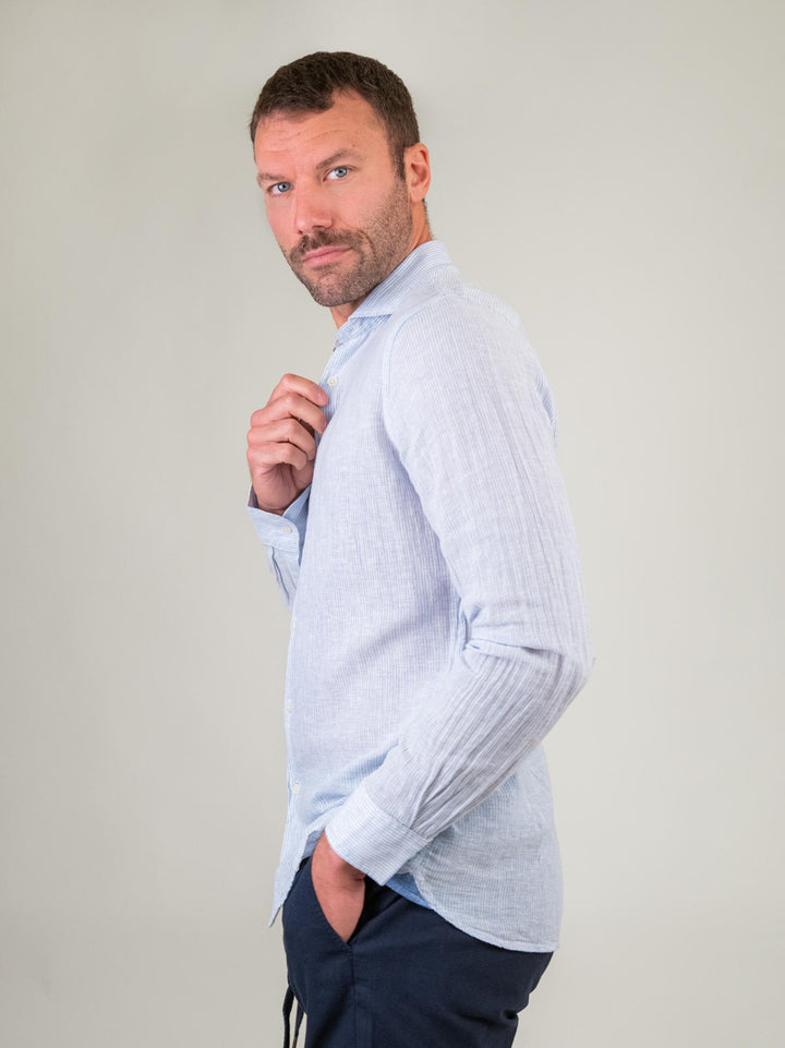 CAMICIA LINO COTONE A RIGHINE BIANCHE E AZZURRE