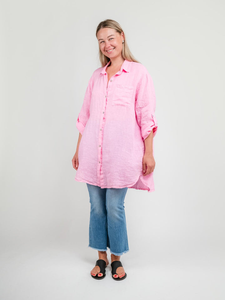 CAMICIA LUNGA IN LINO ROSA