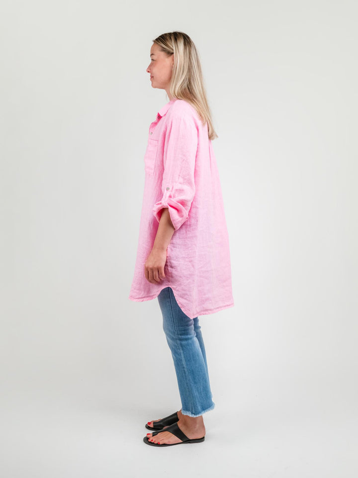 CAMICIA LUNGA IN LINO ROSA