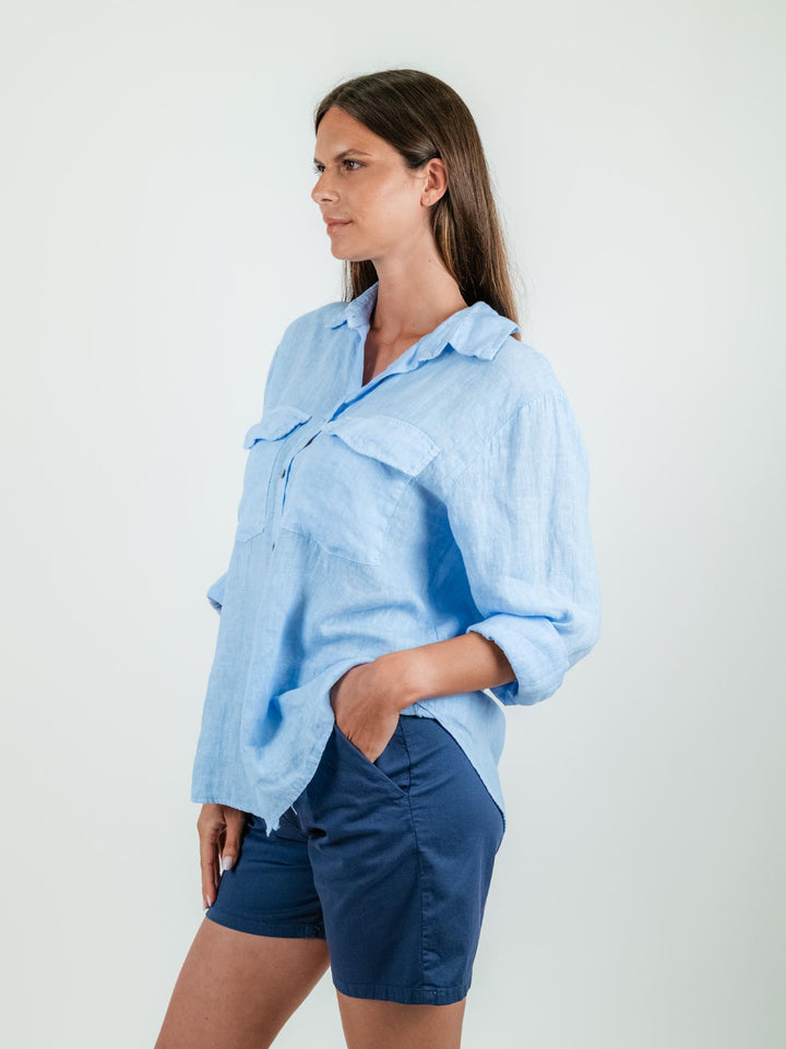 CAMICIA OVERSIZE IN LINO AZZURRA