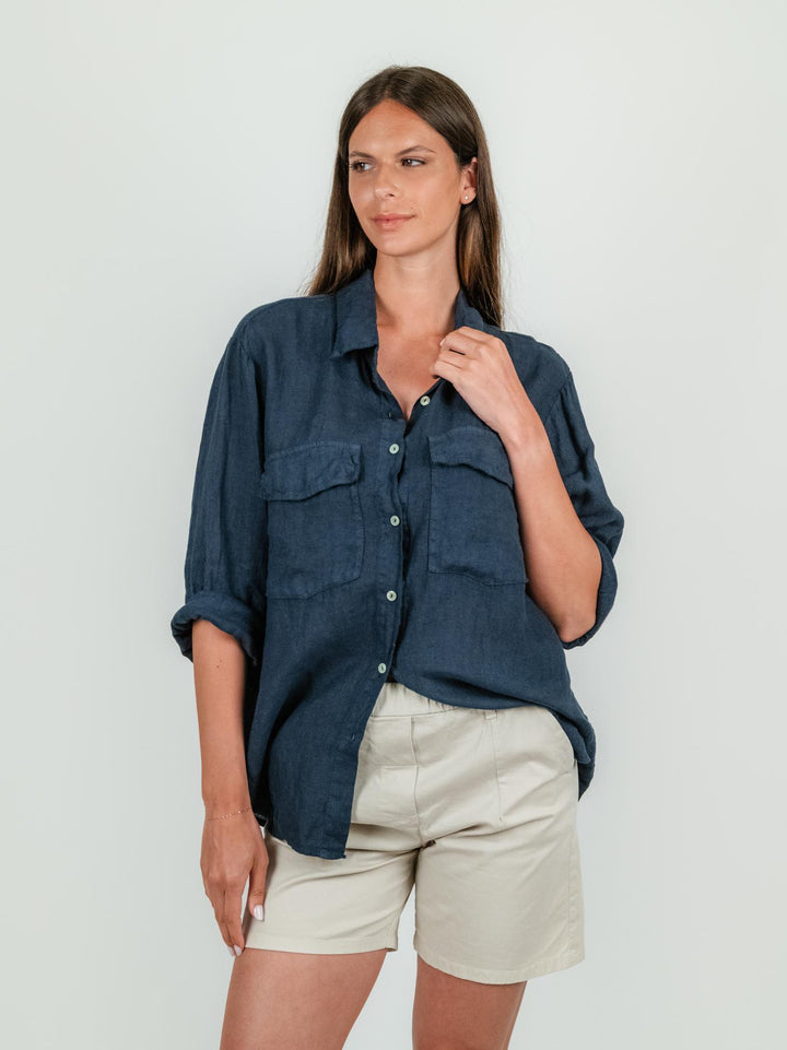 CAMICIA OVERSIZE IN LINO BLU