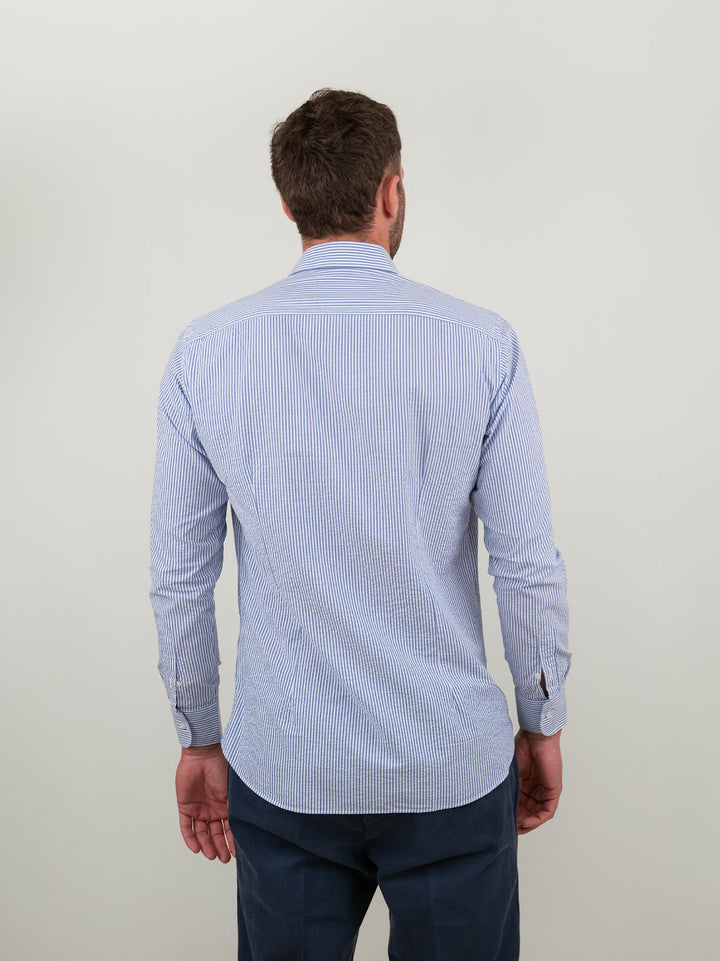 CAMICIA SEERSUCKER A RIGHE CELESTE SCURO
