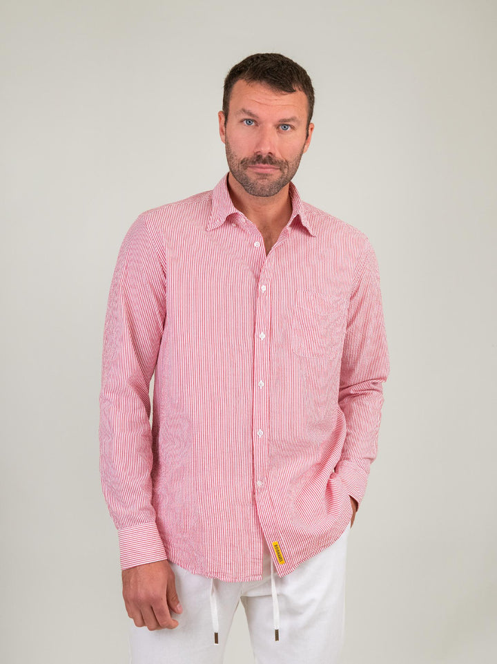 CAMICIA SEERSUCKER CON RIGHE BIANCHE E ROSSE