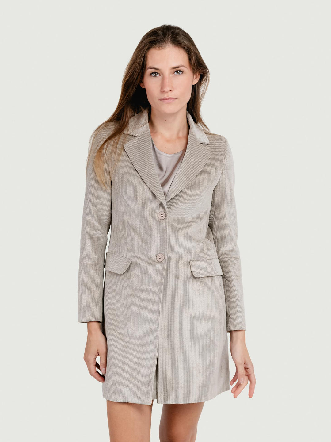 CAPPOTTO MONOPETTO IN VELLUTO A COSTE BEIGE