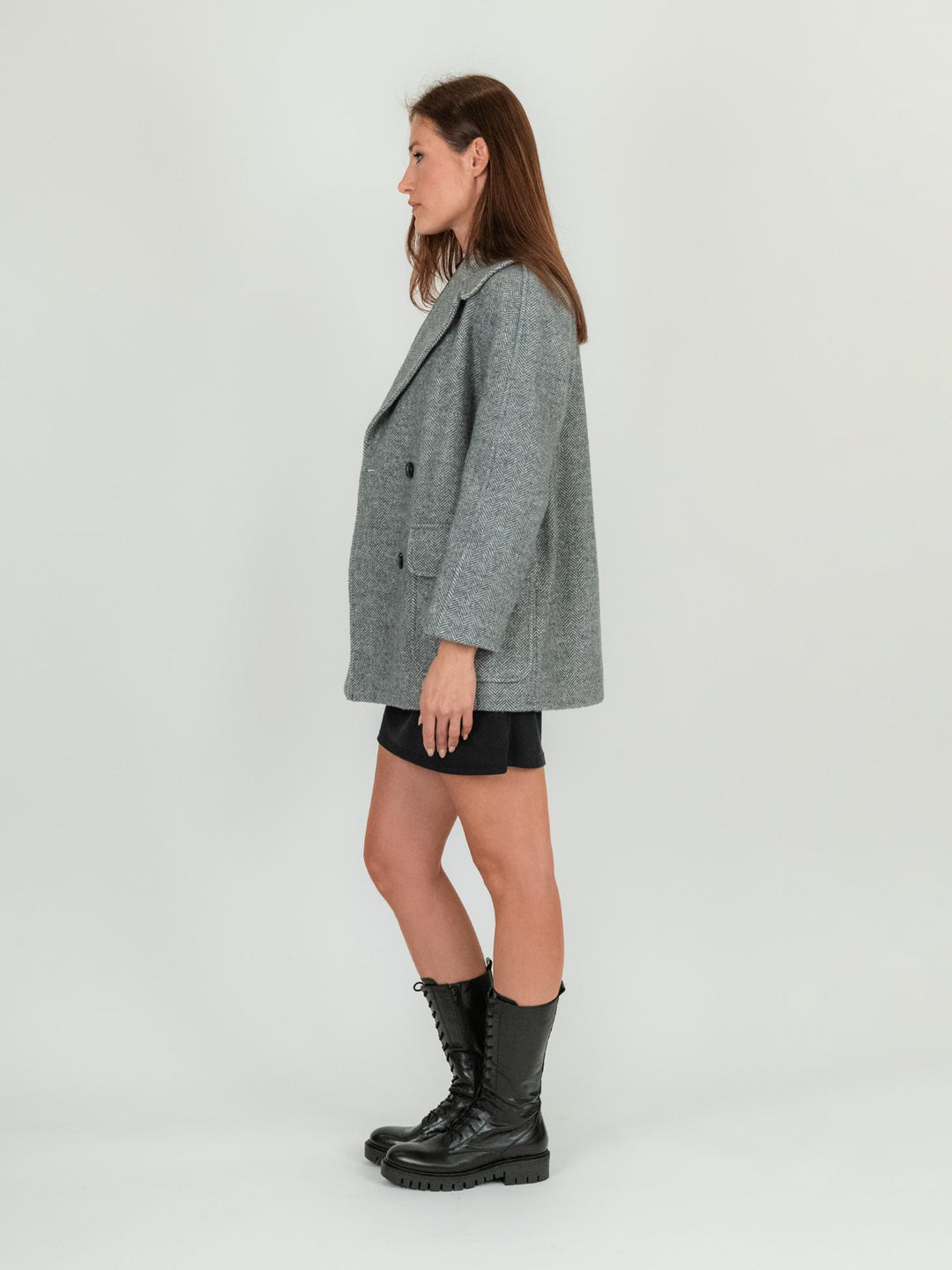 CAPPOTTO PEACOAT CON MAXI REVERS GRIGIO SPIGATO