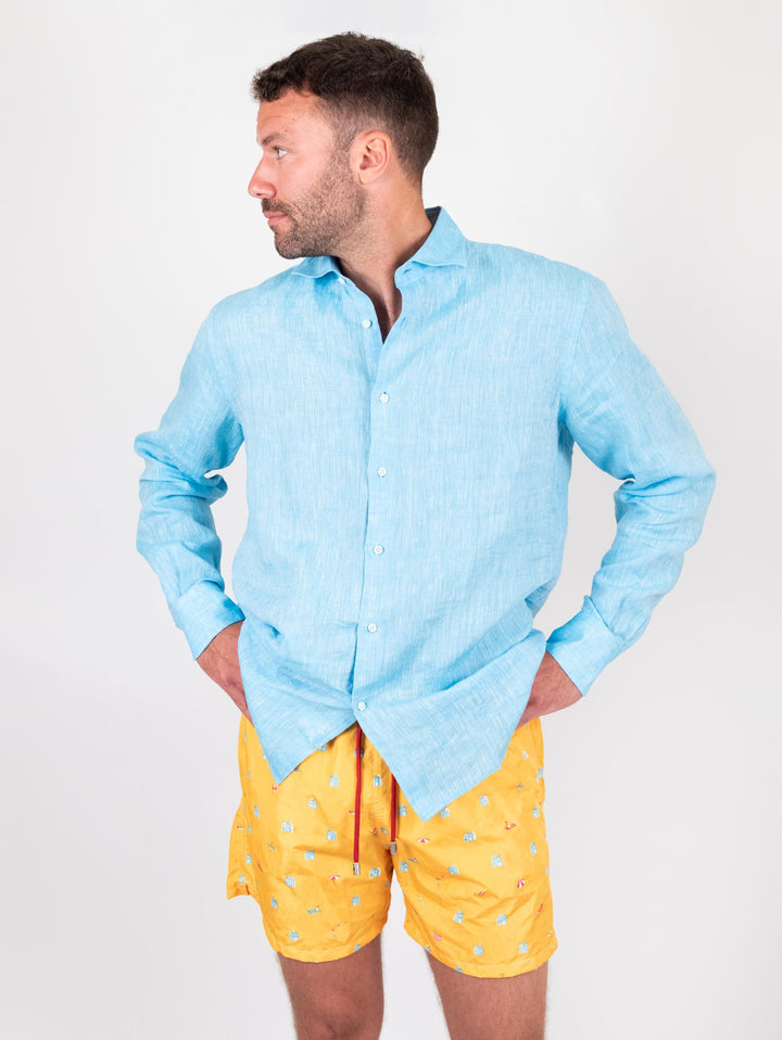 Camicia Arthur in lino tinto filo turchese