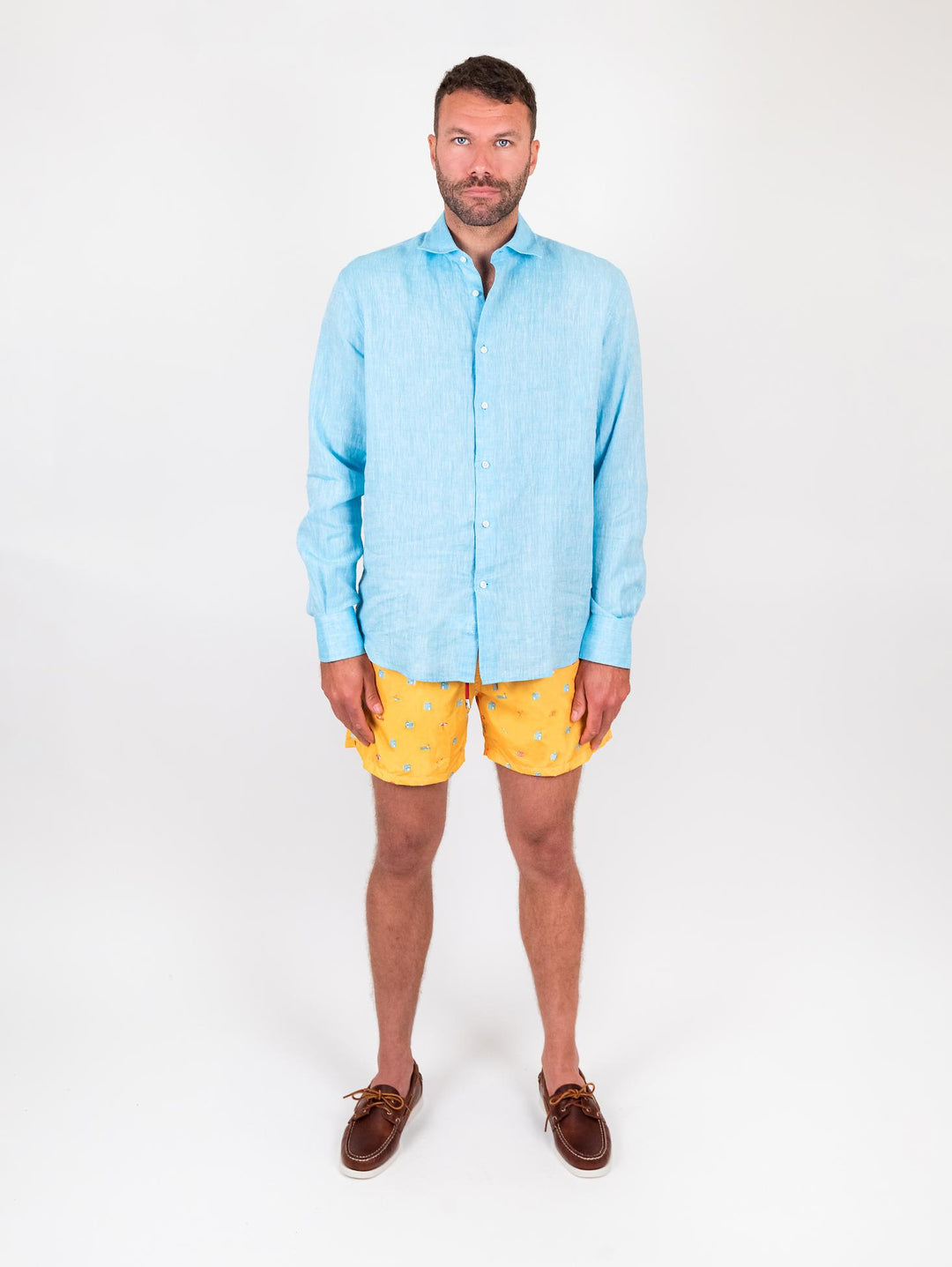 Camicia Arthur in lino tinto filo turchese