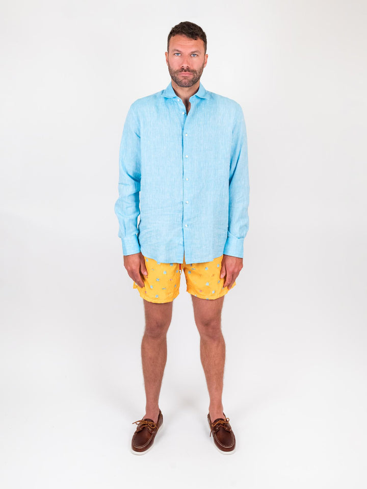 Camicia Arthur in lino tinto filo turchese