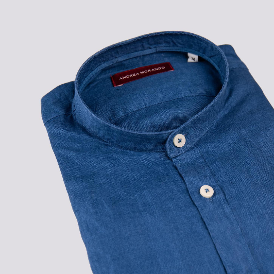 Camicia alla coreana in lino bluette