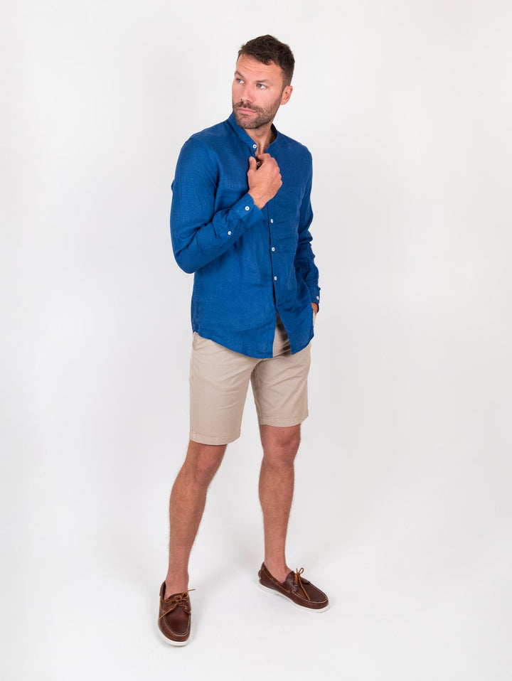 Camicia alla coreana in lino bluette