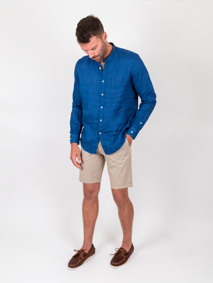 Camicia alla coreana in lino bluette