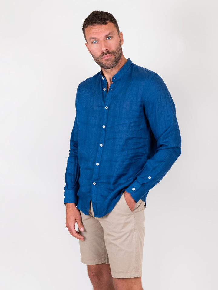 Camicia alla coreana in lino bluette
