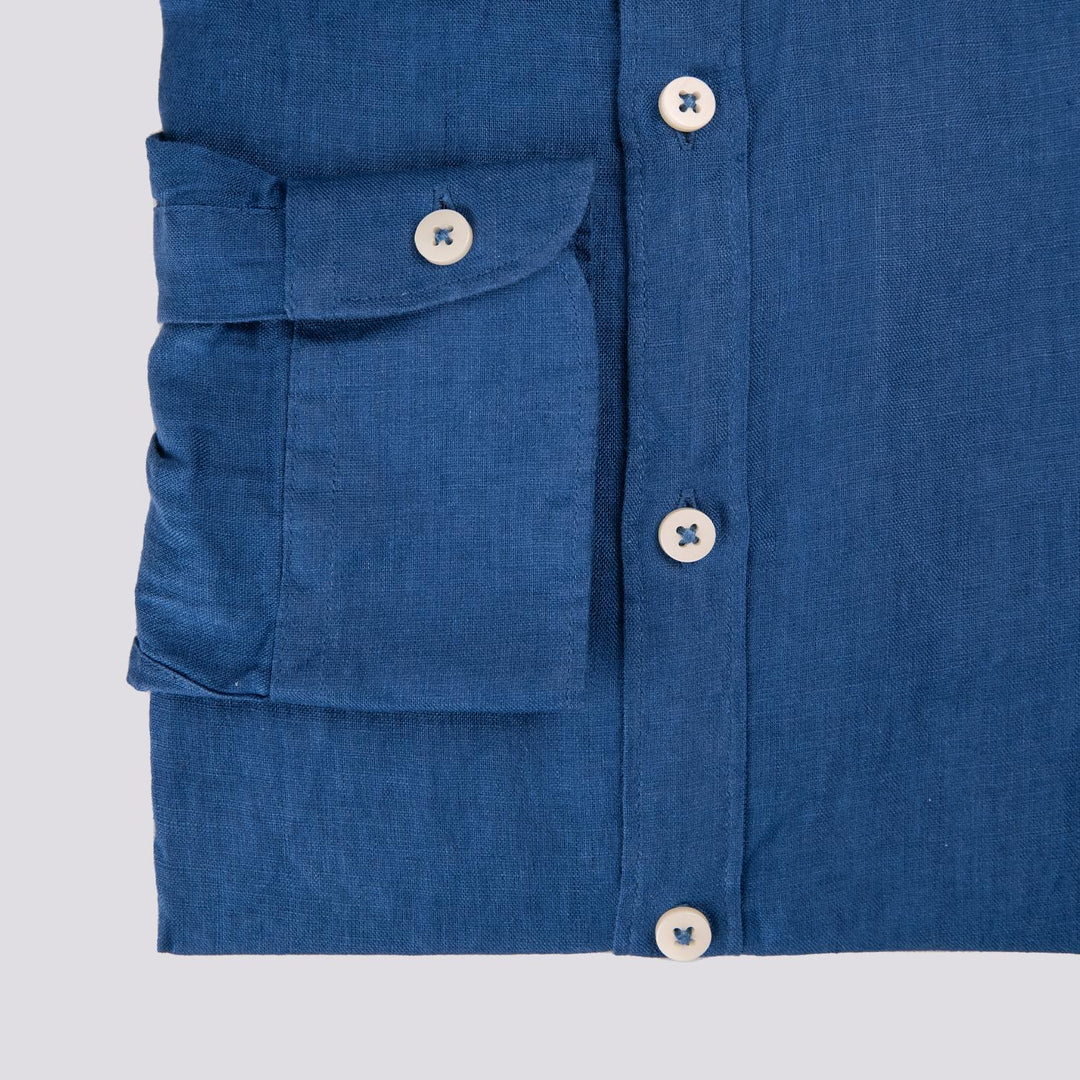 Camicia alla coreana in lino bluette