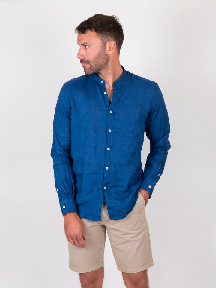 Camicia alla coreana in lino bluette