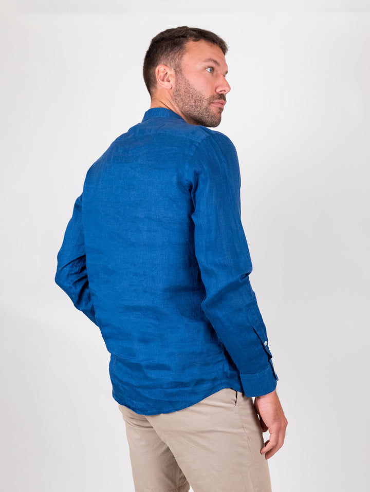 Camicia alla coreana in lino bluette