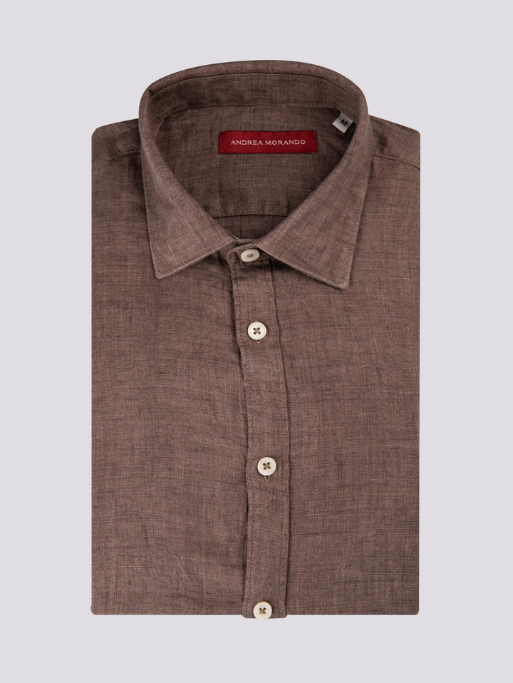Camicia in lino marrone delavè tinto in capo
