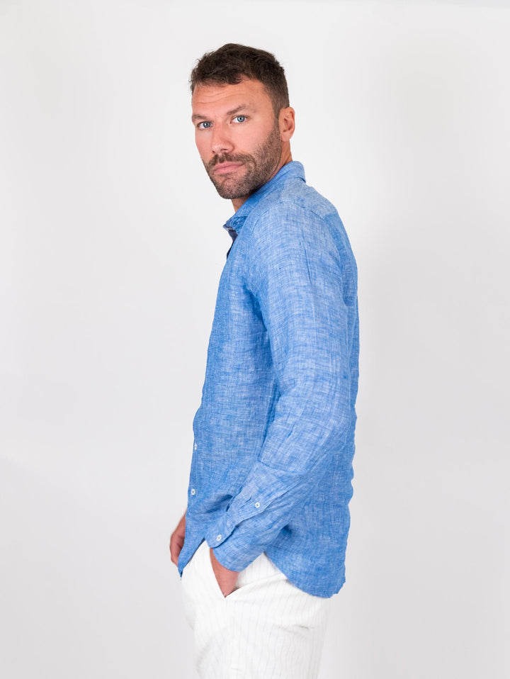 Camicia in lino tinto filo azzurro intenso