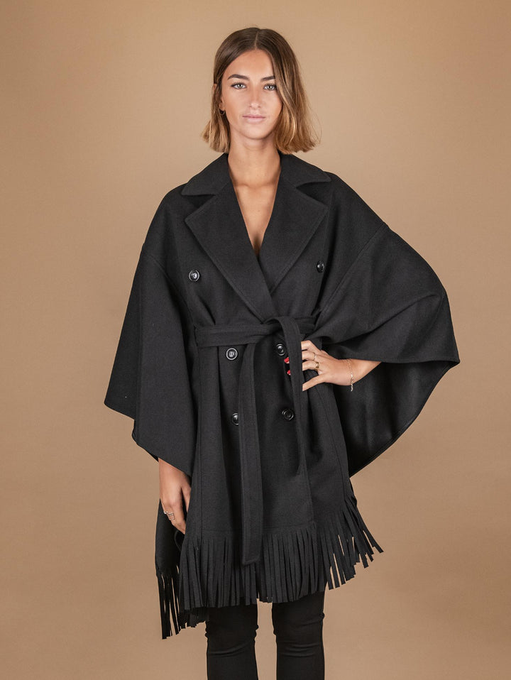 Cappotto mantella con frange nero