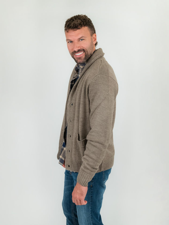 Cardigan beige in misto lana con collo a scialle