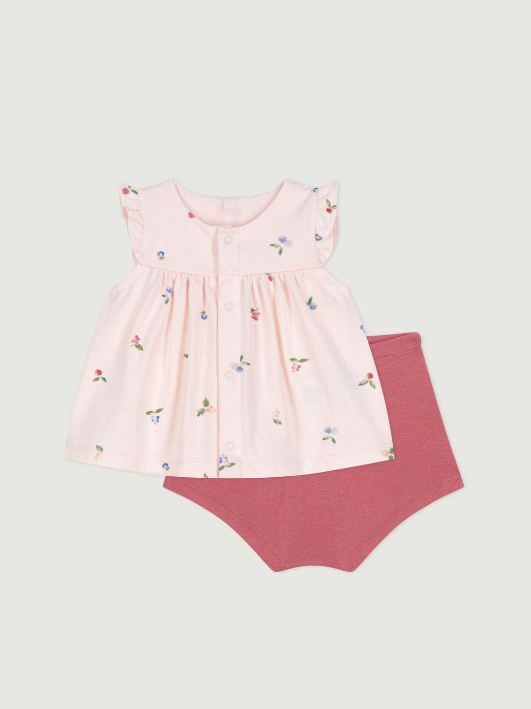 Completo due pezzi in cotone con blusa a volant bebè