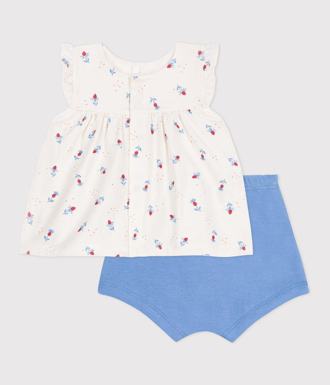 Completo nascita due pezzi in cotone con blusa a volant