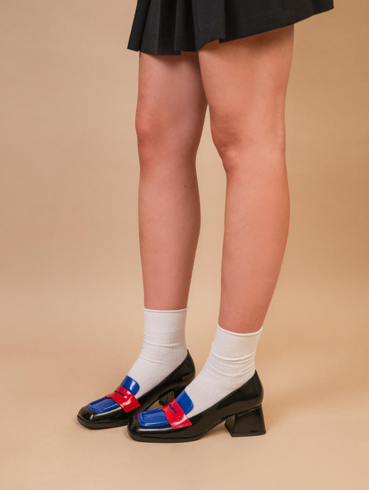 DECOLLETE IN PELLE NERA CON INSERTI BLUETTE E ROSSI