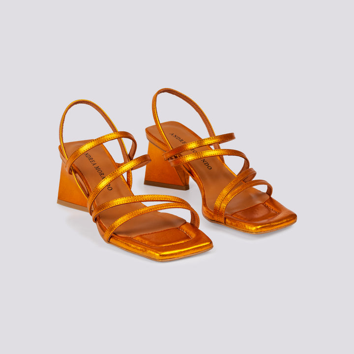 Sandalo in pelle laminata arancio con tacco optical e listini 23029 528J GALAXY MATE NARANJA ANDREA MORANDO 