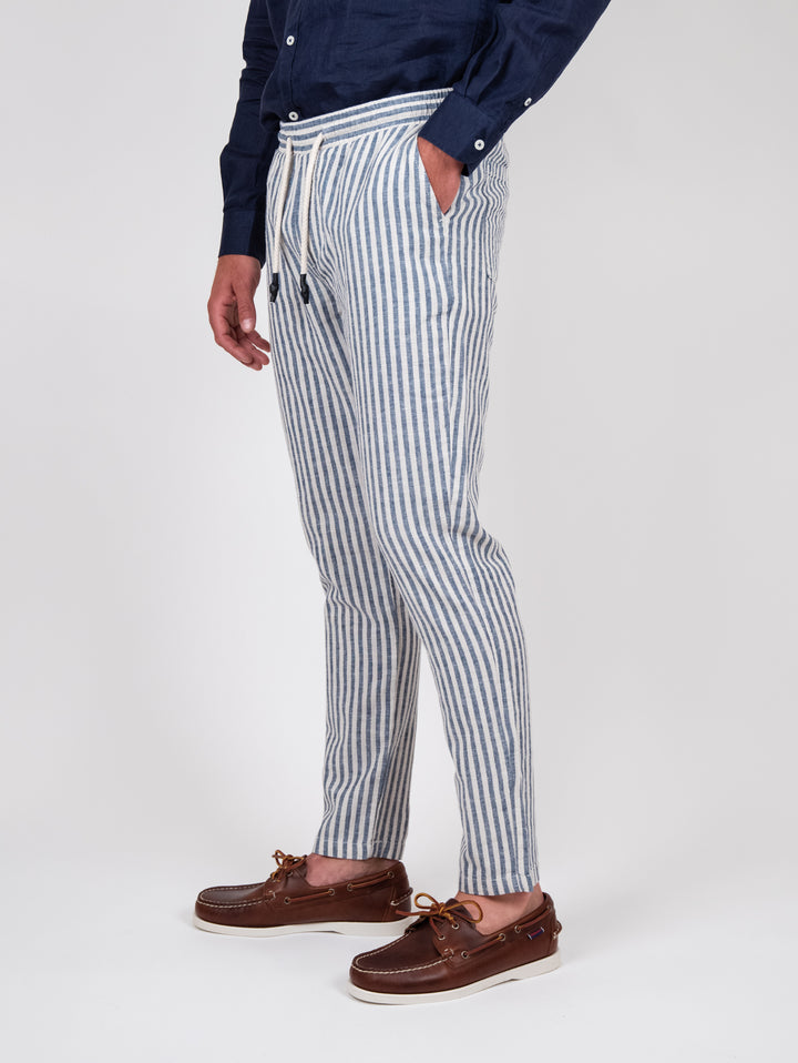 Pantalone misto lino a righe con coulisse