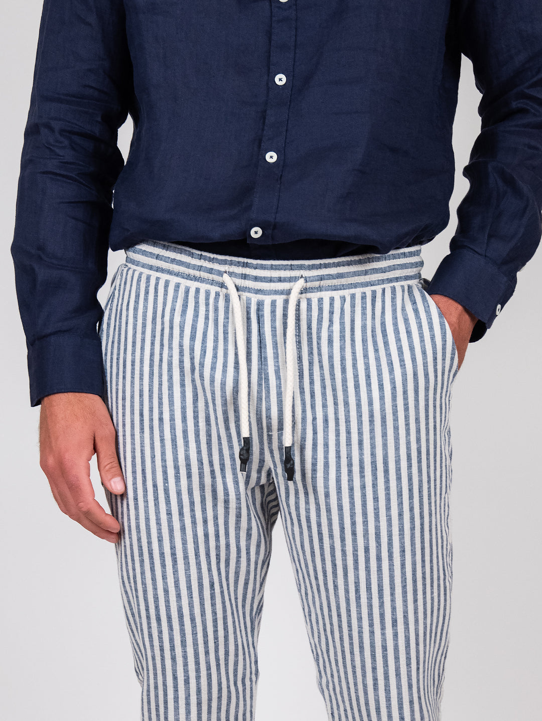 Pantalone misto lino a righe con coulisse