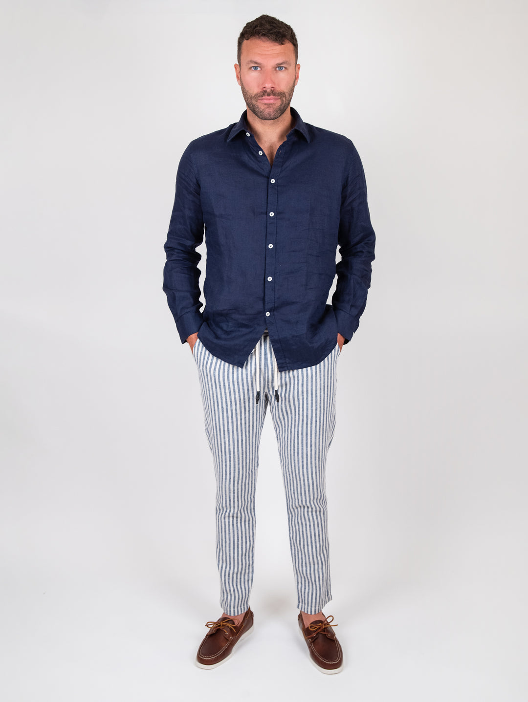 Pantalone misto lino a righe con coulisse