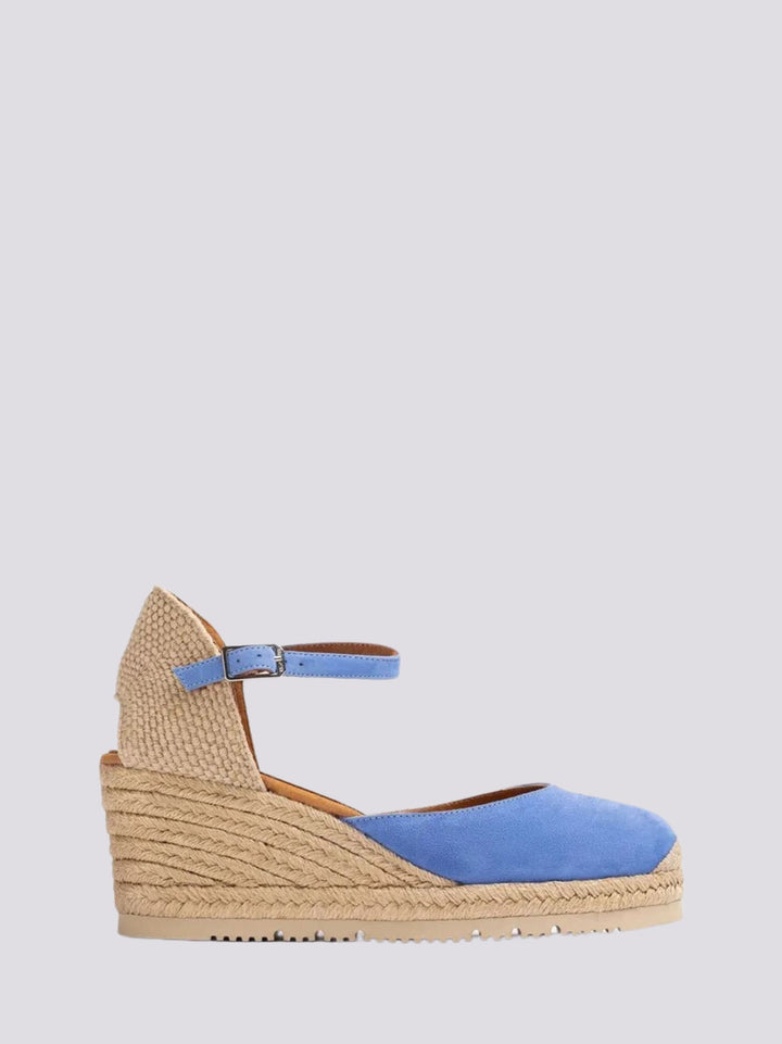 Sandali espadrillas con zeppa e laccetto color ciano