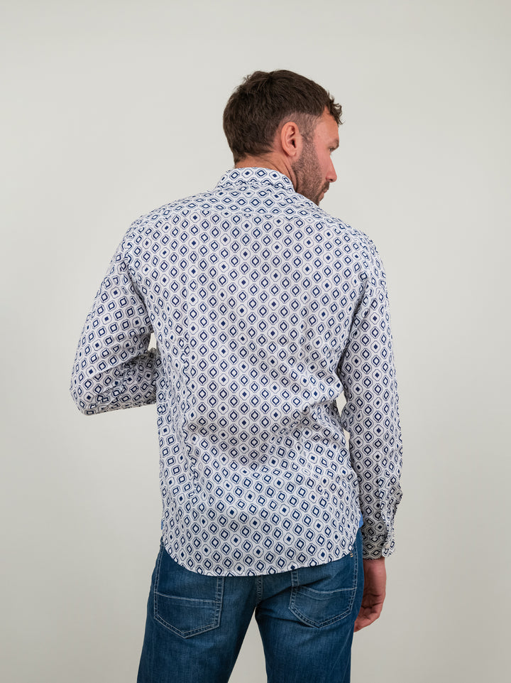 CAMICIA IN LINO FANTASIA A ROMBI BLU BU24S02CAFIOLIN493 101 ANDREA MORANDO 