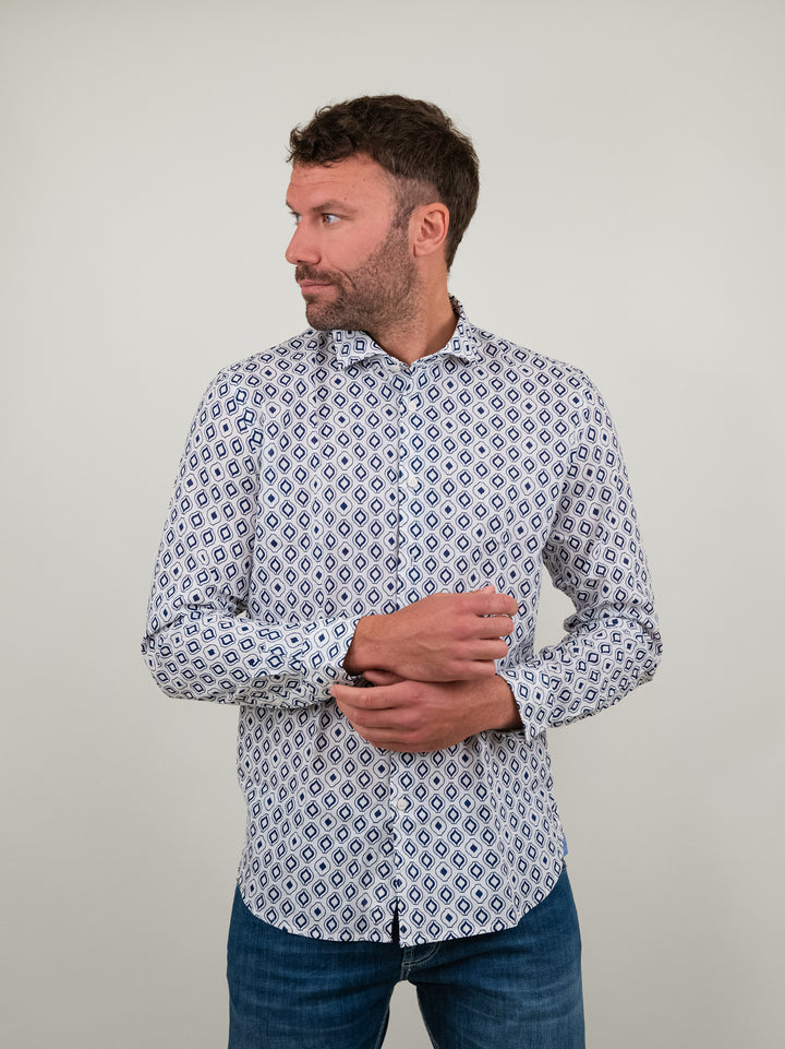 CAMICIA IN LINO FANTASIA A ROMBI BLU BU24S02CAFIOLIN493 101 ANDREA MORANDO 