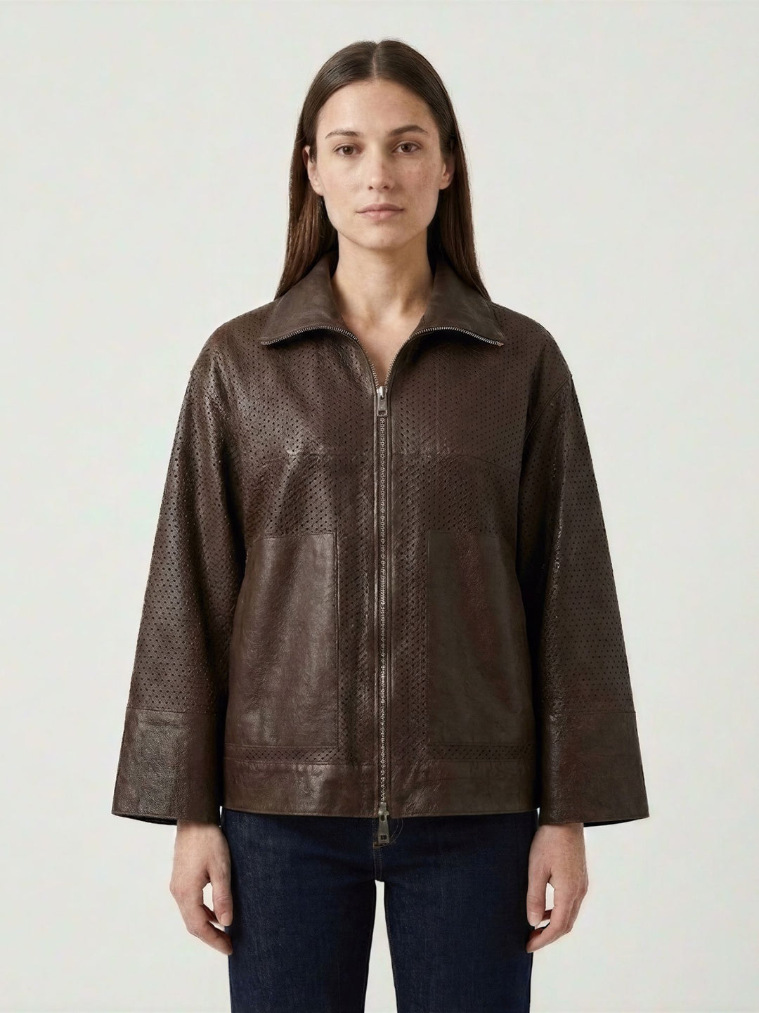 Giacca Giglio in pelle traforata marrone scuro GIPE 06 JACK LEATHER 
