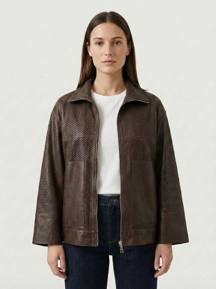 Giacca Giglio in pelle traforata marrone scuro GIPE 06 JACK LEATHER 